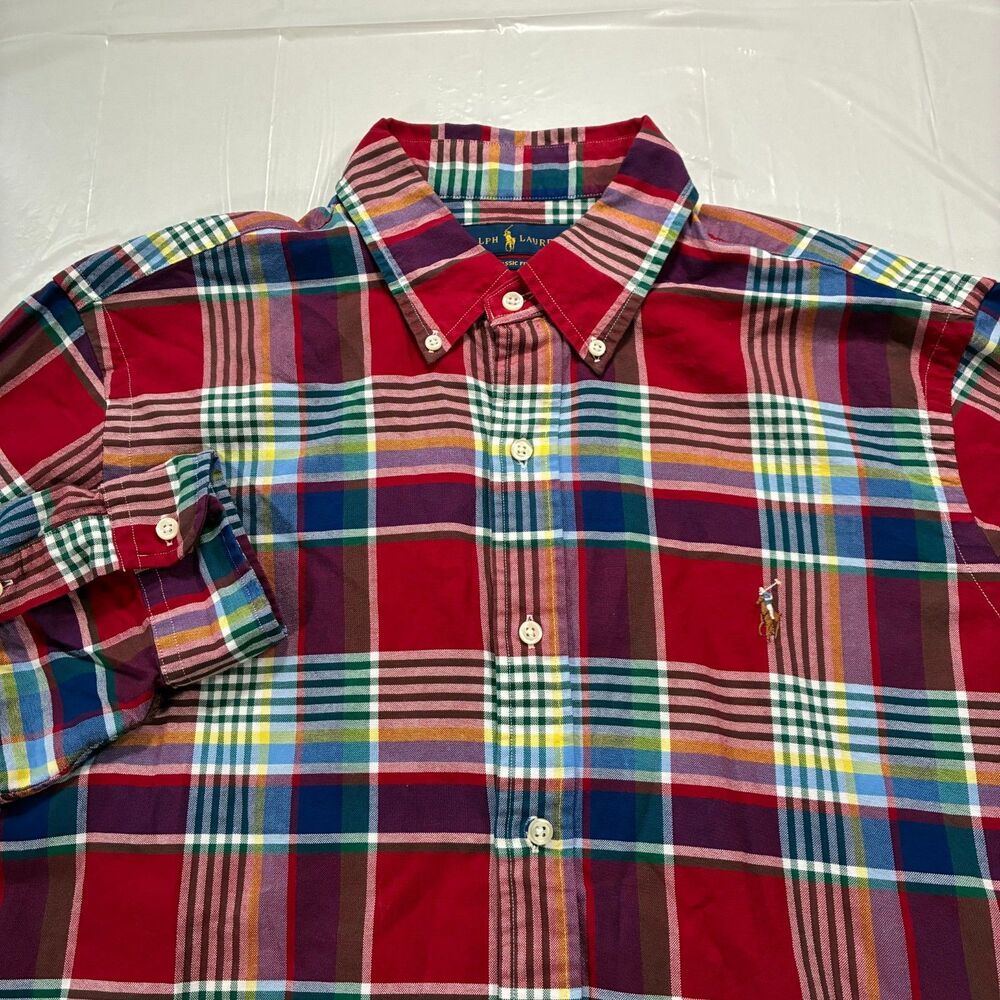 Polo Ralph Lauren Shirt Mens L Red Madras Plaid Check Classic Fit Button Down